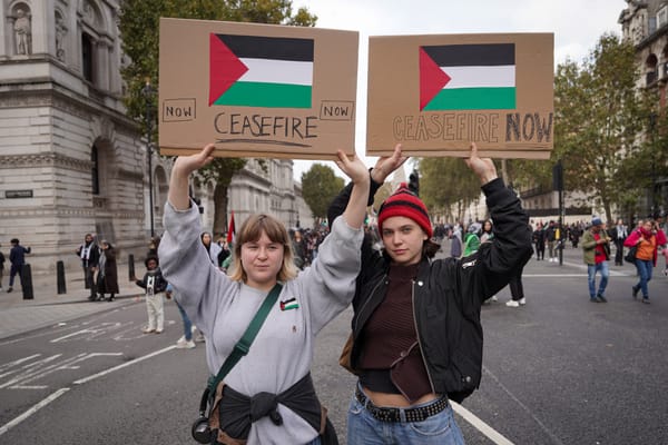 Two people stand side-by-side in the streets of London, holding cardboard placards that say "Ceasefire Now" below Palestin